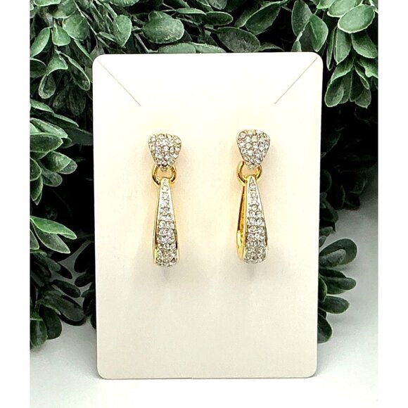 Delicate Two Tone Crystal Teardrop Hoop Earrings Gold Silver Rhinestone - Picture 1 of 6